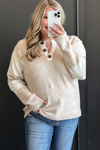 Plus Size Women's Stylish Color Block Sweater in Parchment with Buttoned Notched Neck and Trendy Long Sleeves