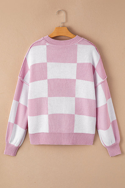 Chic Women's Pink Checkered Bishop Sleeve Sweater - Cozy Knit Pullover for Effortless Casual Style
