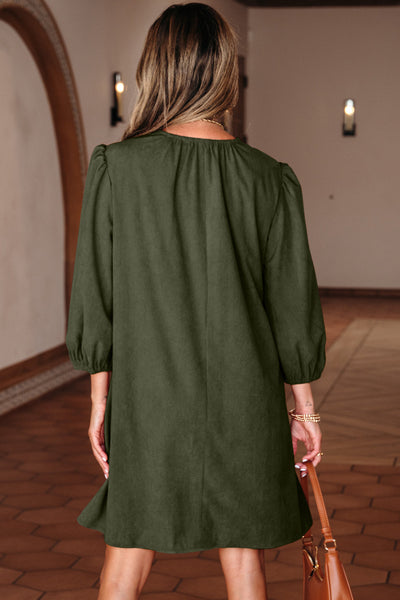 Moss Green Pleated Mini Dress for Women with Scallop Detail and Bracelet Sleeves - Stylish Split Neck Design