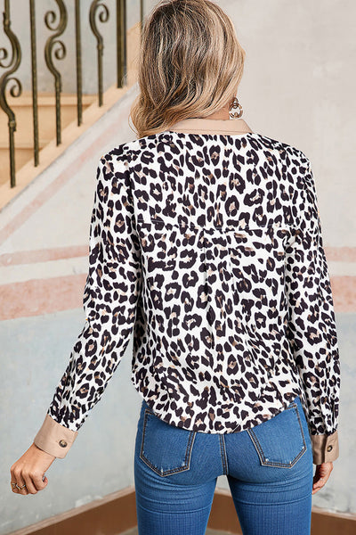 Women's Leopard Print Henley Blouse with Contrast Tan Trim