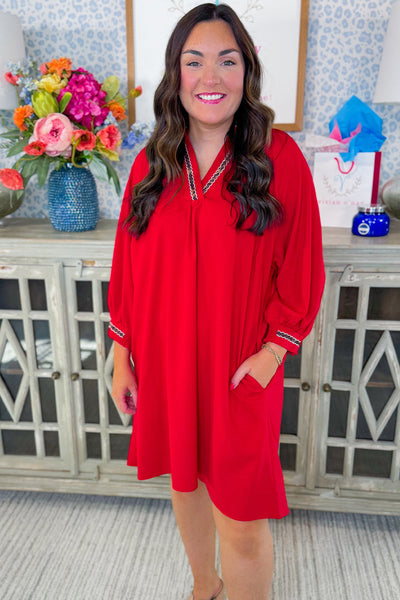 Plus Size Fiery Red V-Neck Puff Sleeve Dress with Pockets and Contrast Trim for Effortless Chic Style