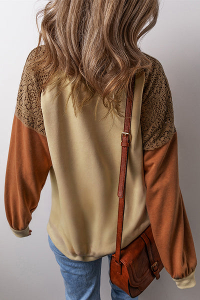 Trendy Women's Khaki Colorblock Sweatshirt with Lace Patchwork Drop Shoulder Style for Ultimate Comfort and Fashion
