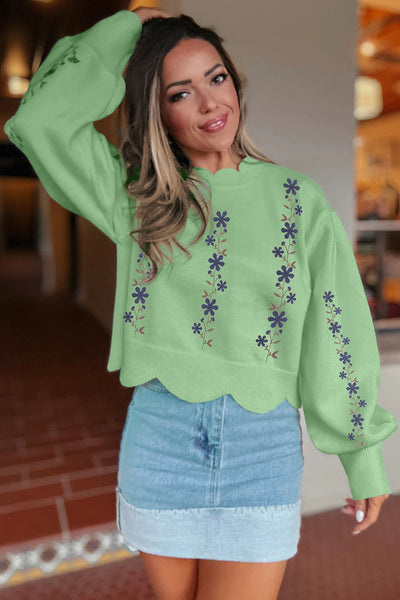 Women's Light Green Floral Embroidered Cropped Sweater - Chic Spring Knitwear with Scallop Hem for Casual Outings