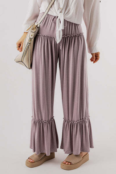 Women's Mauve Tiered Frill Wide-Leg Pants with Drawstring