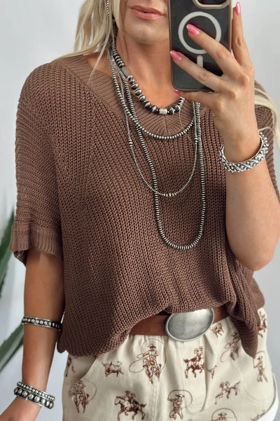 Cozy Women's Loose Coffee V-Neck Half Sleeve Sweater - Effortless Casual Style for Everyday Comfort