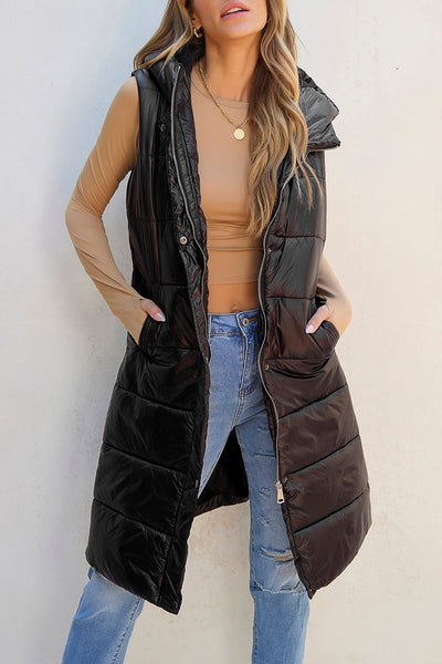 Stylish Women's Black Hooded Quilted Vest Coat - Warm Fall & Winter Layering Essential for Chic Casual Looks