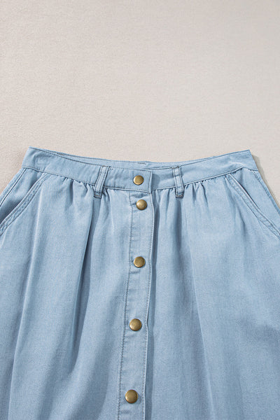 Women's Cotton-Linen Button-Front A-Line Maxi Skirt in Chambray