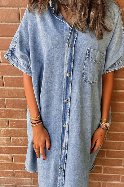 Women's Retro Short Sleeve Denim Midi Shirt Dress