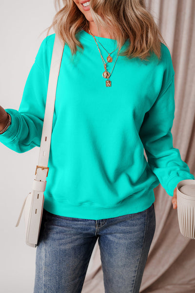 Cozy Women's Aruba Blue Fleece-Lined Drop Shoulder Sweatshirt - Stylish Terry Pullover for Casual Comfort