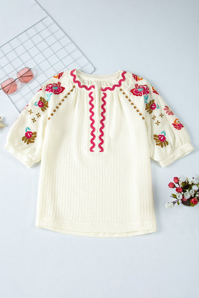 Chic Women's Beige Floral Embroidered Puff Sleeve Blouse with Textured Fabric and Ricrac Trim for Effortless Style