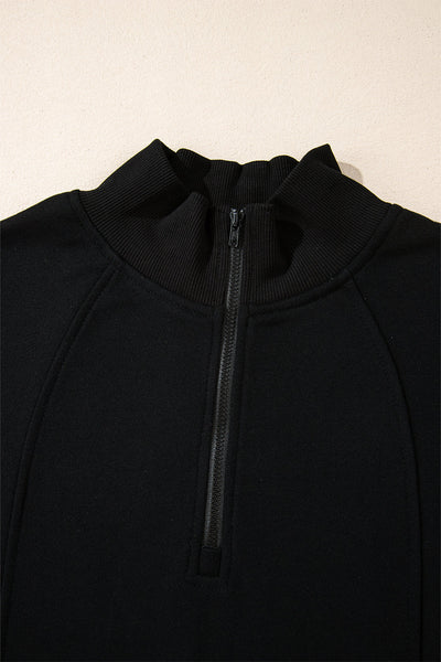 Cozy Women's Black Drop Shoulder Sweatshirt with Zipped Neck - Stylish Casual Pullover for Everyday Comfort