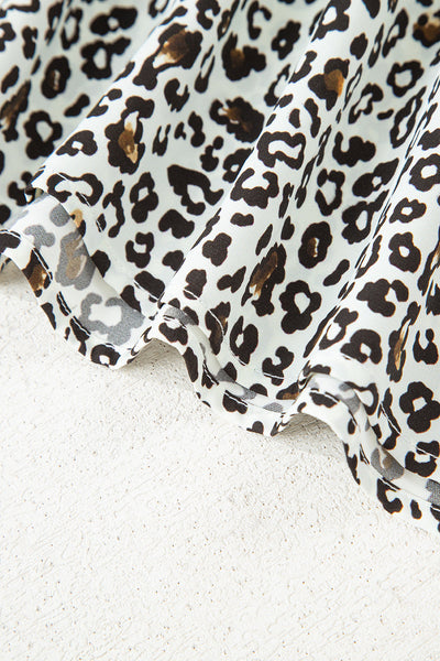 Plus Size Women's Trendy Khaki Leopard Print Mini Dress with Puff Sleeves and Button V-Neck for a Comfortable Fit