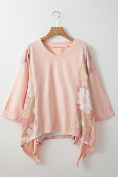 Trendy Women's Oversized Pink Flower Patchwork High-Low Top with Exposed Seams for Boho Chic Style