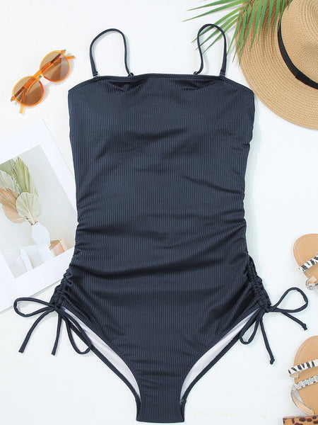 Nautical Blue Ribbed Ruched Drawstring Monokini