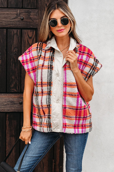 Women's Plaid Sherpa Short Sleeve Vest in Pink and Orange