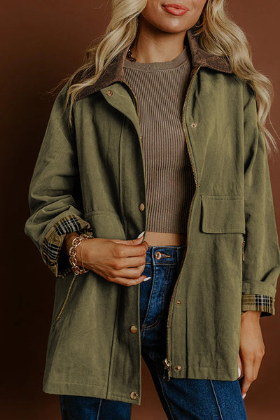 Women's Moss Green Color Block Utility Jacket with Leopard Liner and Collar Detail - Stylish & Versatile Outerwear