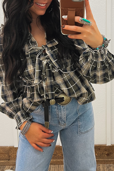 Stylish Women's Black Plaid Blouse with Ruffle Trim and Front Tie - Comfortable Everyday Top for Effortless Chic
