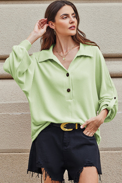 Aqua Oversized Ribbed Henley Top for Women with Roll-Up Sleeves - Stylish, Comfy, and Versatile for Everyday Wear