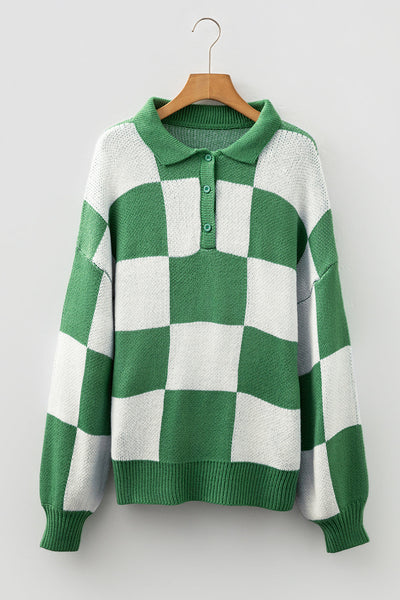 Women's Relaxed Fit Mist Green Checkered Polo Sweater with Classic Collar for Effortless Style and Comfort