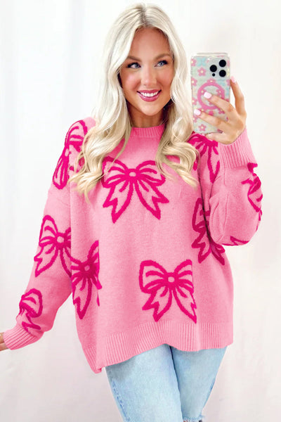 Women's Cozy Pink Bow Patterned Drop Shoulder Sweater - Relaxed Fit for Casual Comfort and Everyday Style