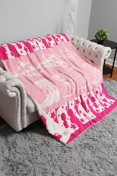Women's Pink Western Sherpa Throw Blanket with Cowgirl Boot Motif