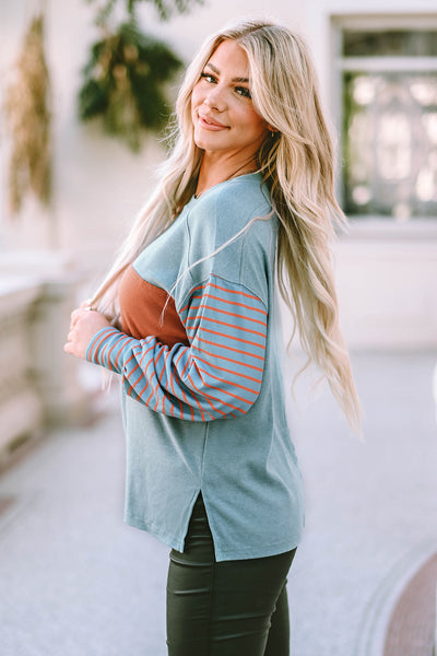 Trendy Women's Green Colorblock Striped Bishop Sleeve Blouse - Stylish Casual Top for Chic Everyday Looks