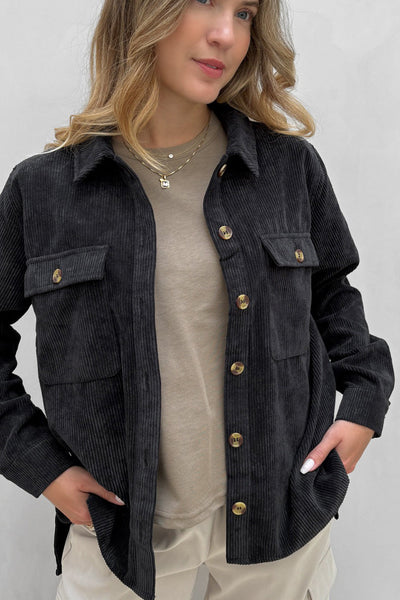 Chic Women's Black Corduroy Shacket with Button Flap Pockets - Perfect Layer for Effortless Casual Style