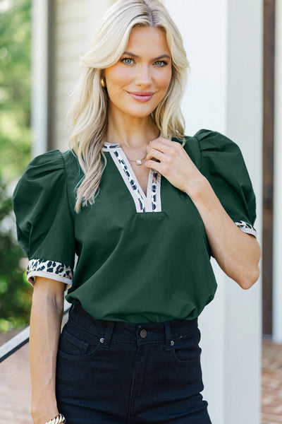 Chic Women's Blackish Green Puff Sleeve Blouse with Leopard Trim & Split Neck - Stylish Top for Any Occasion