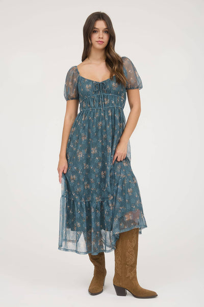 Twilight Garden Dress | Chiffon Puff Sleeve Midi Dress