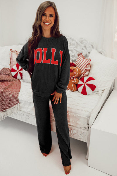 Women's Black JOLLY Long Sleeve Top with Pocketed Pants Set - Chic & Comfy Casual Outfit for Effortless Style