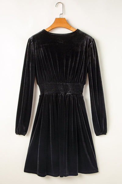 Elegant Black Velvet Long Sleeve Surplice Mini Dress for Women Chic High Waist Fit Perfect for Parties and Events