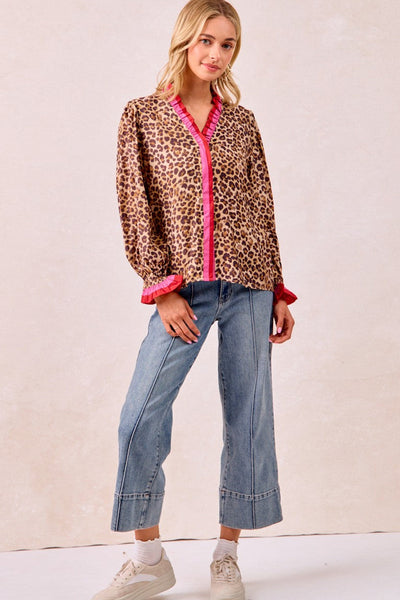 chic women's khaki leopard print v-neck blouse with frilled striped trim - trendy long sleeve top for every occasion made for easy styling and with