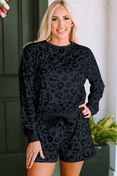 Leopard Print Satin Bow Lounge Set with Long Sleeve Top and Tie Shorts