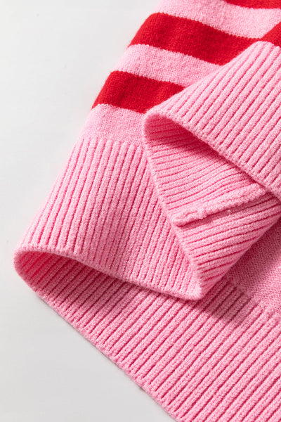 Chic Women's Pink Striped Bubble Sleeve Sweater with Drop Shoulders & Ribbed Trim for Cozy Style