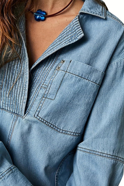 Trendy Women's Dusk Blue Oversized Denim Pullover with Exposed Stitching & Notched Collar - Chic Patchwork Top