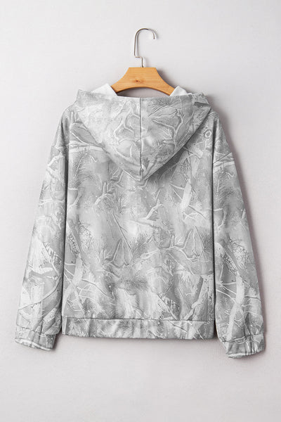 Plus Size Women's Gray Camo Hoodie with Maple Leaf Print - Casual Baggy Comfort for Everyday Style