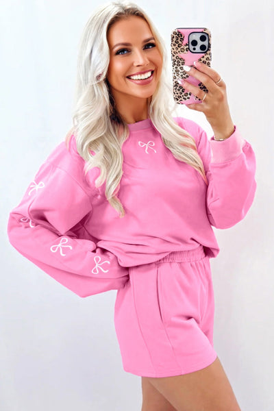 Women's Sachet Pink Bow Embroidered Sweatshirt and Shorts Set