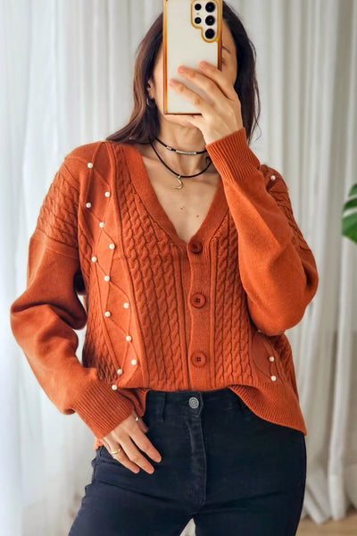 Stylish Women's Gold Flame Cable Knit V-Neck Cardigan with Pearl Buttons - Cozy Rhombus Pattern Layering Sweater