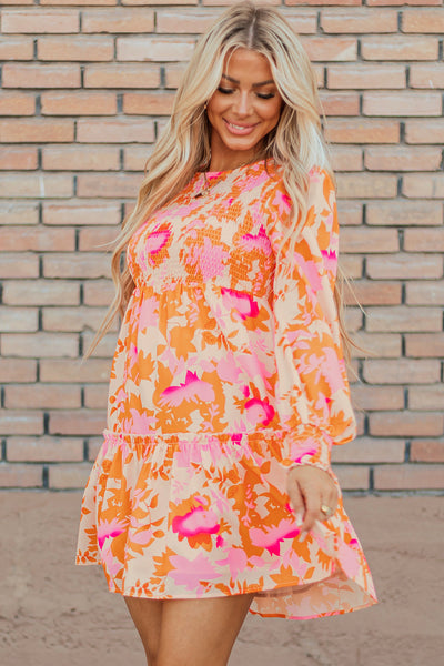 Trendy Women's Orange Abstract Print Ruffle Mini Dress with Smocked Lantern Sleeves for Summer Fashion