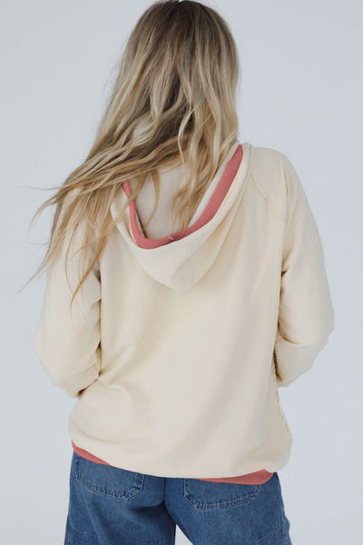 women's white crochet knit hoodie with contrast trim and exposed seams - stylish patchwork design for everyday wear made for easy styling and wardrobe