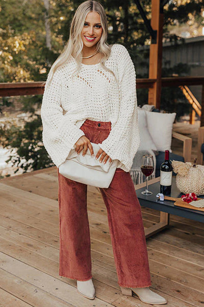 Women's White Cotton-Blend Wide Sleeve Crochet Pullover