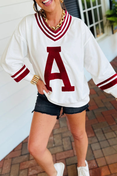 Trendy Women's Red Dahlia Chenille Varsity Sweatshirt with Puff Sleeves & Letter A Graphic Stylish V-Neck Fit