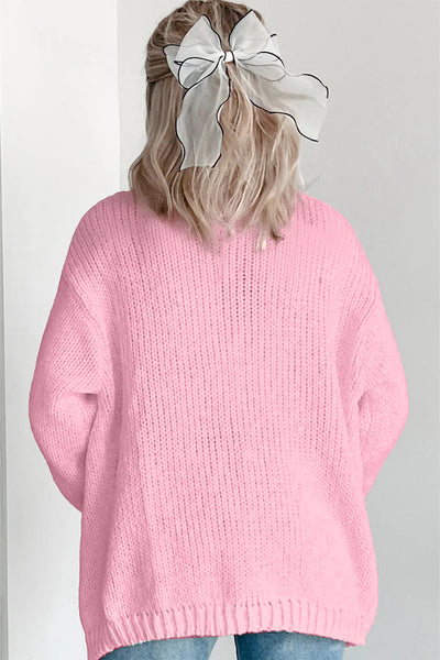 Cozy Light Pink Pumpkin Print Midi Cardigan for Women - Open Front, Drop Shoulder Style Perfect for Fall Fashion