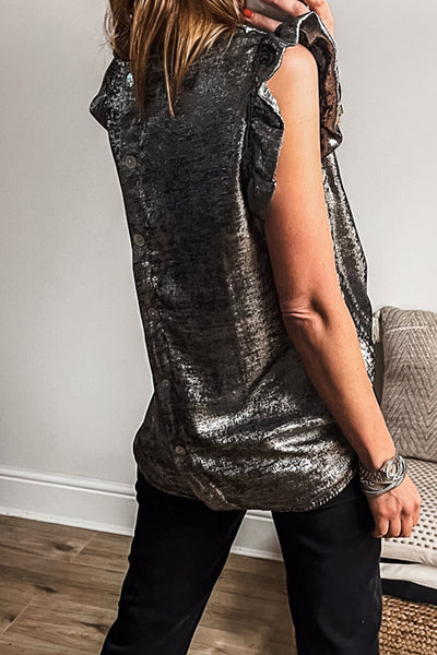 Women's Silvery Metallic Ruffle Sleeve Blouse