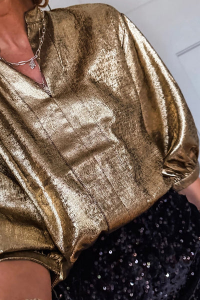 Women's Gold Metallic Split Neck Blouse with Half Sleeves