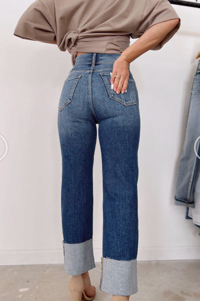 Trendy Women's Blue High-Waisted Distressed Straight Leg Jeans for Effortless Style and All-Day Comfort