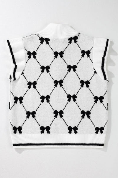 Women's Black Bow Print Zipped Collar Sweater Tee - Preppy Style, Comfortable Fit, Trendy Top for Casual Outings