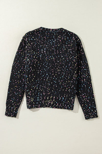 Chic Women's Black Rhinestone Confetti Sweater Cardigan - Cozy Fit for Everyday Style and Glamour