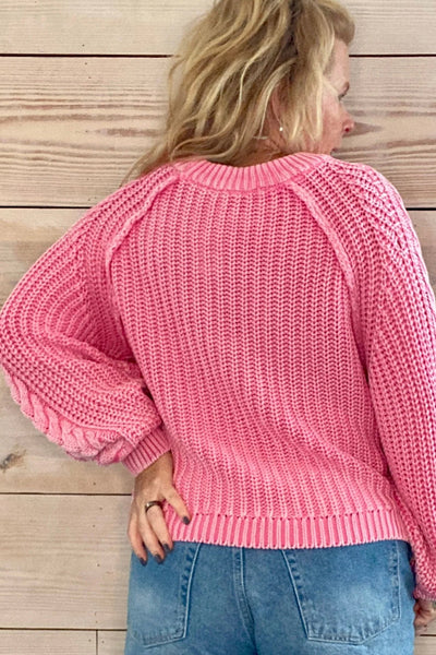 Cozy Women's Pink Cable Knit Sweater - Loose Fit Raglan Top for Everyday Comfort and Stylish Casual Wear