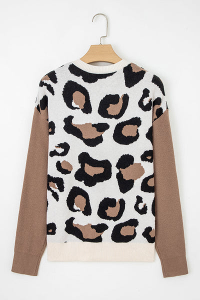 Cozy Women's Leopard Print Patchwork Sweater - Stylish Fall Layering Essential in Warm Tones
